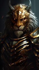 A close up of a lion wearing armor. Generative AI.