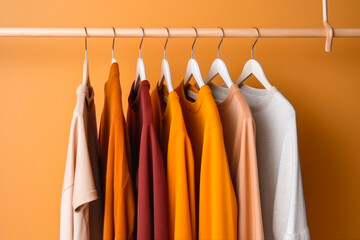 Fashionable clothes on hangers on a wardrobe rack on a bright yellow background, generative ai