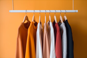 Fashionable clothes on hangers on a wardrobe rack on a bright yellow background, generative ai