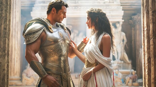 a gladiator in armored Roman gladiator with a very beautiful queen using white less dress Tempt in Ancient Rome palace