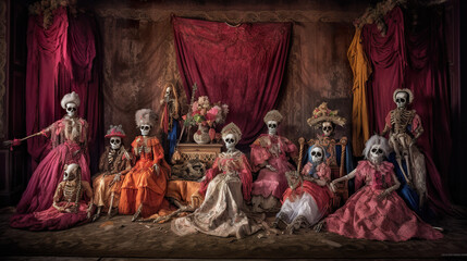 A group of skeletons sitting on a stage. AI generative. Day of the Dead picturesque display