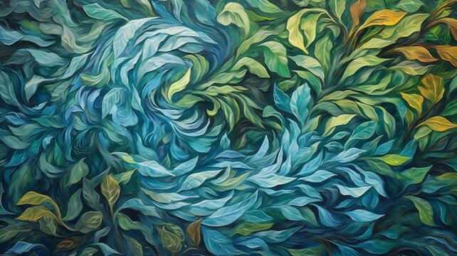 Abstract Background with Swirl of Leaves in Green and Blue - Digitally Painted Illustration - Generative AI