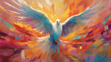 Abstract Dove Art: Colorful Painting Illustrating Christian Holy Spirit Concept - obrazy, fototapety, plakaty