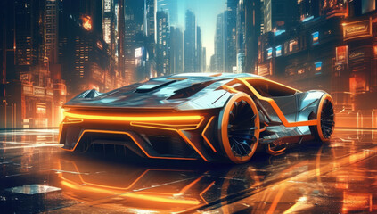 Technological Art: Orange Electric Car with Futuristic EV System in Smart City