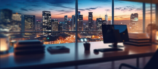 Blurred Office Workspace: Evening Interior with Cityscape for Business Presentation