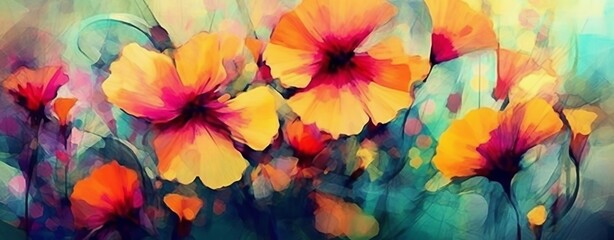 An illustration of a colorful flowers panorama background. Created with Generative AI technology