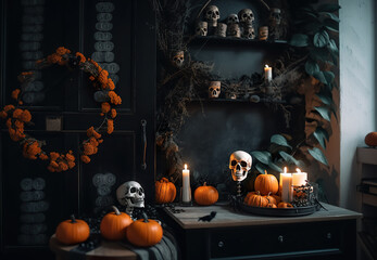 A table topped with lots of pumpkins and candles. AI generative.