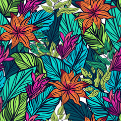 Seamless botanical pattern with tropical leaves and flowers vector illustration 