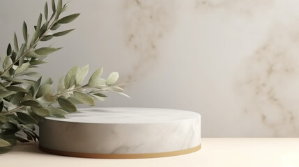 A marble cake sitting on top of a table. Generative AI. SImple ceramic podium, circular stage for product display.