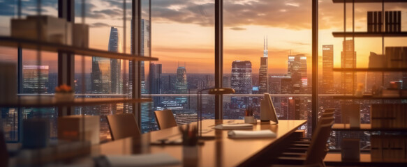 Professional Workplace: Blurred Interior of Office Workspace in the Evening with City View