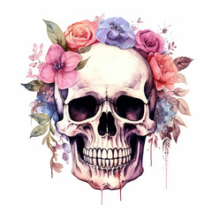 watercolor style, floral skull