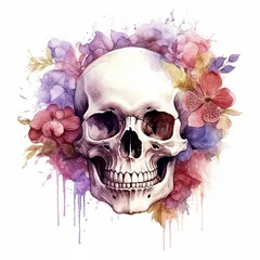 Fotobehang Aquarel doodshoofd watercolor style, floral skull
