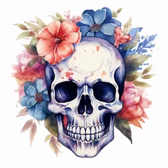 Deurstickers Aquarel doodshoofd watercolor style, floral skull