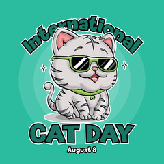 Cute Cat With Sunglasses Cartoon Illustration for International Cat Day Celebration Banner