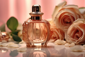 bottle of perfume on a background of pink roses. AI generated