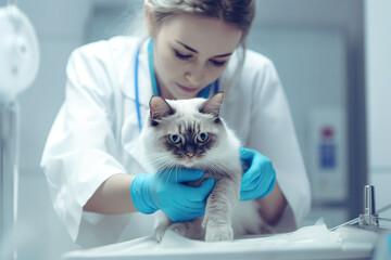 Veterinarian, a vet checking a cat at a vet clinic, AI generative image.