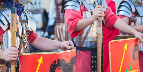 Reenactors as roman legionaries in formation