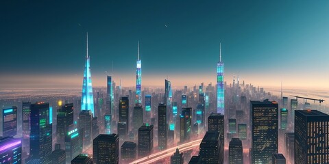 Digital illustration of a city with skyscrapers, generative AI