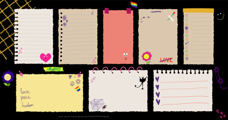 Torn Paper Notes Collection. Hand Drawn Stickers for Planner, Scrapbook, Diary, Schedule. Cute elements in Retro Style. Sketch Drawing Elements. Vector Cartoon Isolated Illustration