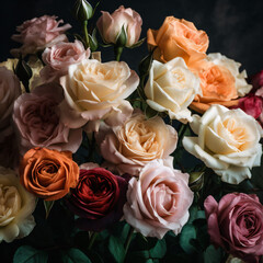 A bouquet of multicolored roses on a black background Generative Ai
