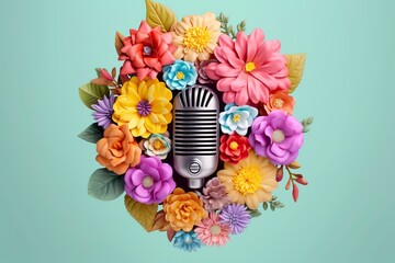 Classic microphone, adorned with spring flowers.