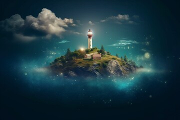 A dream island, at night, floating in a cloud of steam surrounded by the ocean. Ai generated.