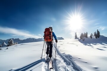 A mountaineer on a ski journey through high mountains.