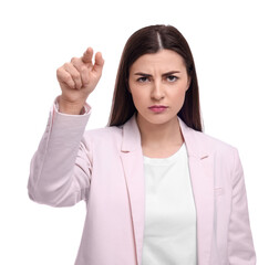 Beautiful young businesswoman pointing at something on white background