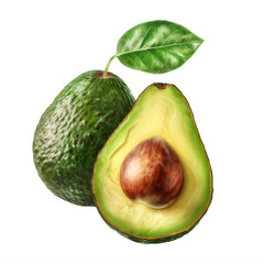 A green avocado cut in half with a green leaf  on a transparent background png isolated Generative Ai