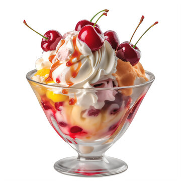 An ice cream sundae with cherries and whipped cream  on a transparent background png isolated Generative Ai