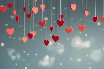 Red hearts hanging on a thread, decorative banner for Valentine's Day. Ai generated.