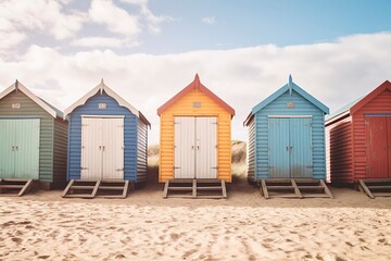 Fototapeta na wymiar Colorful wooden dressing rooms on a beach.
