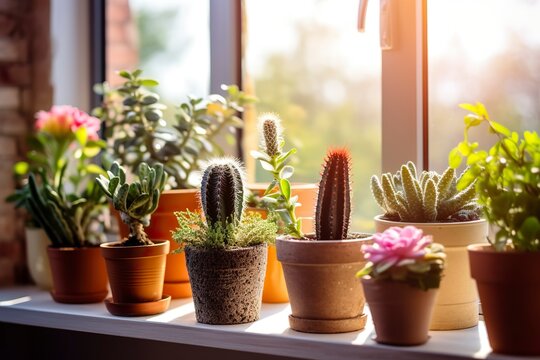 Potted cactus on a window sill in the sun.