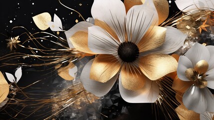An abstract floral background in black and gold on white background. Generative AI. 