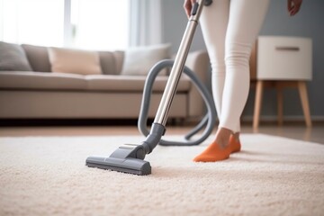Woman vacuums a fluffy white carpet in her bright luxury home.