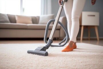 Fototapeta premium Woman vacuums a fluffy white carpet in her bright luxury home.