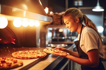 Woman works in an Italian restaurant with a wood-fired pizza oven.