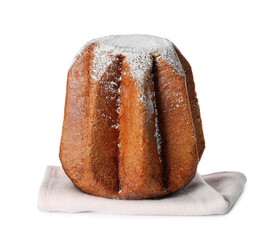 Delicious Pandoro cake decorated with powdered sugar isolated on white. Traditional Italian pastry