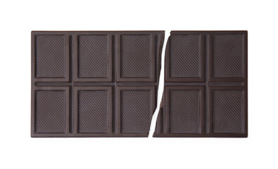 Broken dark chocolate bar on white background, top view