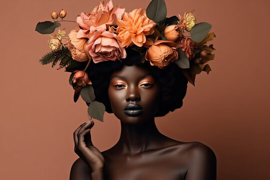 a black woman with flowers on her head and hands in front of her face, against a brown background stock photo