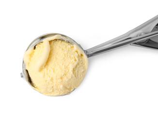 Scoop with delicious vanilla ice cream isolated on white, top view