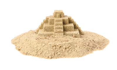Pile of sand with beautiful castle isolated on white. Outdoor play