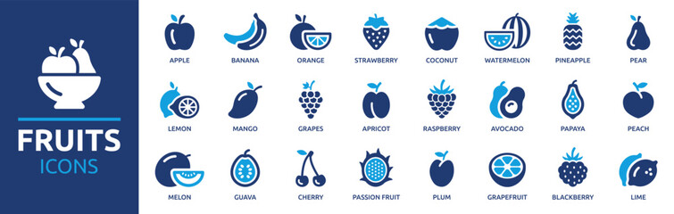 Fruits icon set. Containing apple, banana, strawberry, orange, watermelon, coconut, avocado and lemon icons. Solid icon collection. Vector illustration.