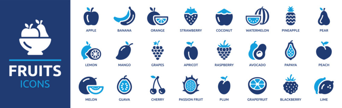 Fruits icon set. Containing apple, banana, strawberry, orange, watermelon, coconut, avocado and lemon icons. Solid icon collection. Vector illustration.