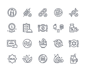 Set of Healthy Food icons in linear style. Gluten and Sugar Free, no GMO, low calorie, and no soy. Design for app and product packaging. Cartoon flat vector collection isolated on white background
