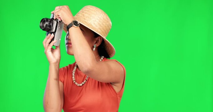 Woman, green screen and photographer on vacation, holiday or tourist with camera for travel, memory and photography of adventure. Film, photo and person on tour, journey and happiness on summer trip