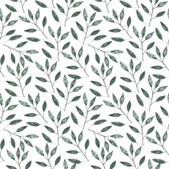 Naklejka na ściany i meble Watercolor seamless pattern with cute pastel blue branches and leaves. Freehand expressive painting. Romantic elegance print for wedding invitation and fabric.