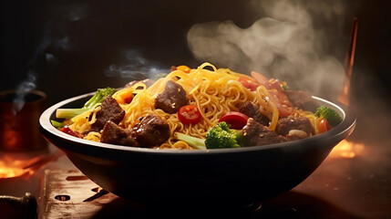 A bowl of steaming ramen
