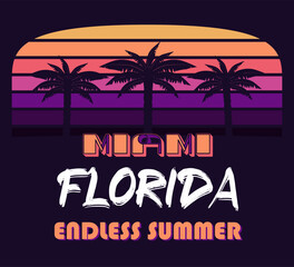 Fototapeta premium Miami Florida Graphic for T-Shirt, prints. Vintage 90s style emblem. Retro summer travel scene, . Surfing Adventure Label.