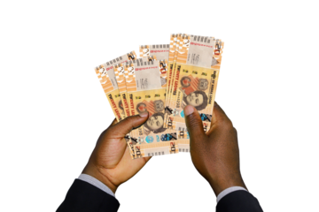 Black Hands in suit holding 3D rendered Sierra Leonean Leone notes